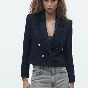 Zara Dark Blue Textured Blazer with Gold Buttons
